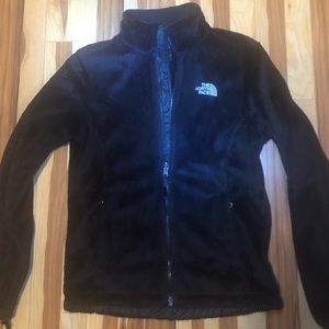 Black fuzzy North Face zip up coat S